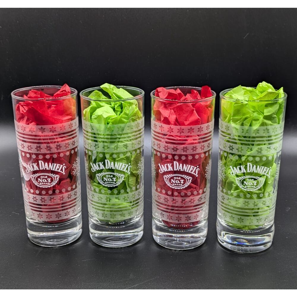 Jack Daniels Highball Glasses Set of 4 Snowflake Sweater Etched 10oz 6" Holiday
